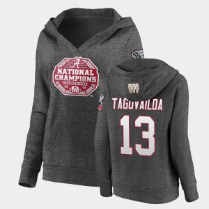 #13 Tua Tagovailoa Roll Tide Charcoal Women Hoodie 2020 National Champions Pullover V-Neck 870459-554